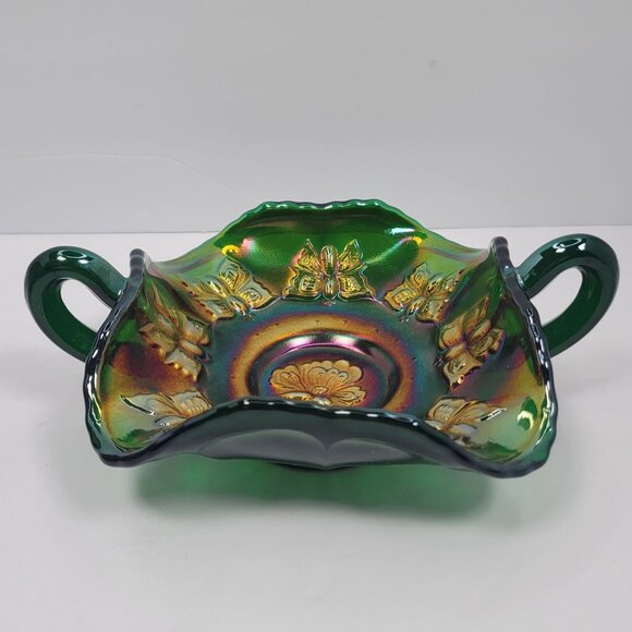 Fenton Green Carnival Glass Butterflies Bon Bon Dish #117/500 - Picture 1 of 8